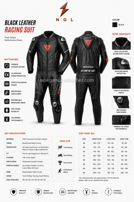 Black Motorcycle Race Suit front view with red chest emblem, silver shoulder shells and newgenuineleather.com