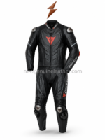 Black Motorcycle Race Suit specifications infographic with front, back, size chart and newgenuineleather.com