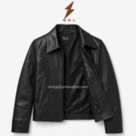 Back view of black paneled leather jacket with curved rear seams, fitted cuffs, and clean leather finish