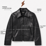 Black paneled leather jacket with pointed collar, front zipper, and angled waist seams by newgenuineleather.com