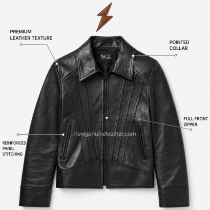 Black paneled leather jacket with pointed collar, front zipper, and angled waist seams by newgenuineleather.com