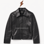 Open black paneled leather jacket displaying smooth inner lining and NGL collar branding