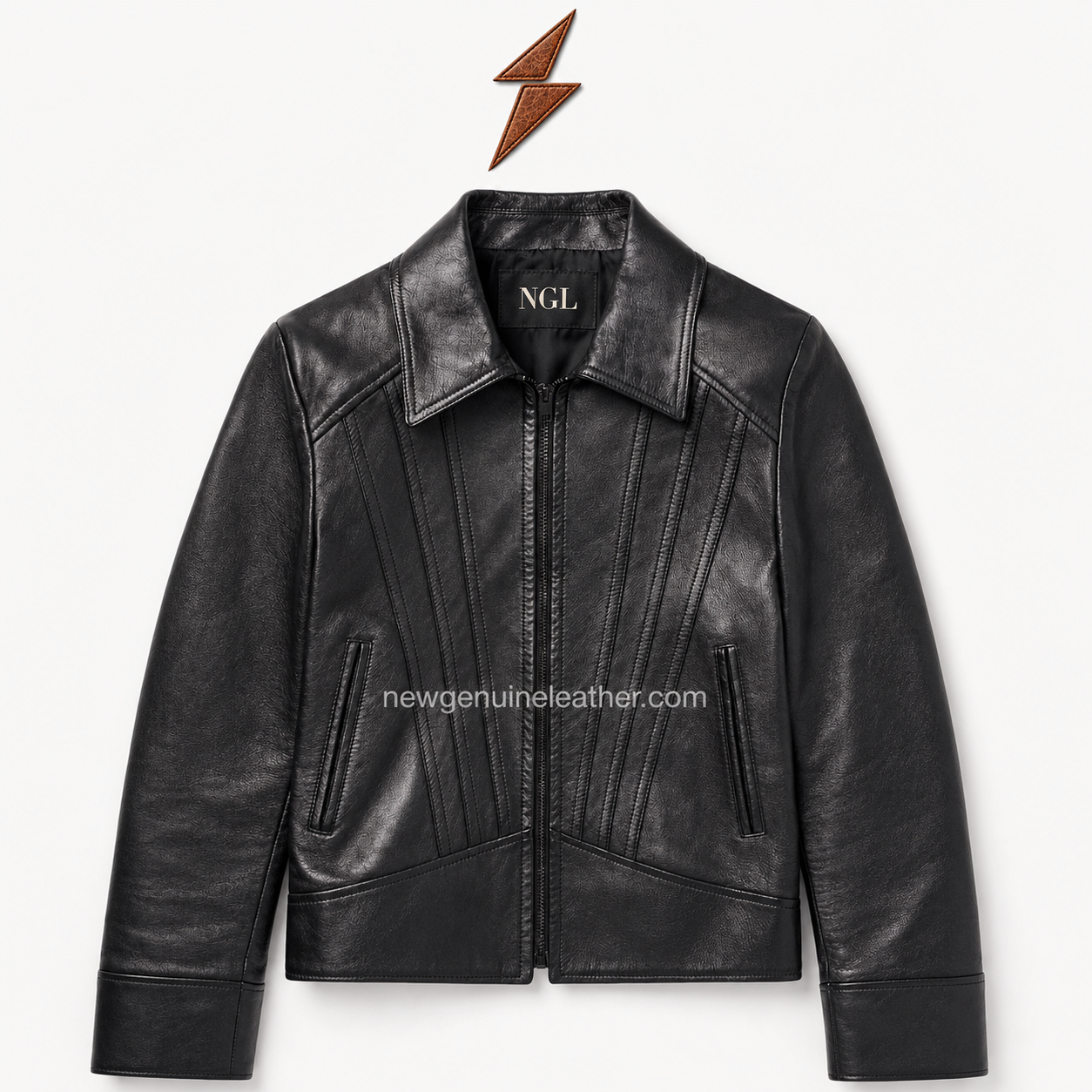 Black Paneled Leather Jacket Interior View Open black paneled leather jacket displaying smooth inner lining and NGL collar branding