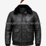 Aviator Leather Jackets: Black shearling bomber jacket specifications image showing fur collar, leather texture, zipper closure, flap pockets, ribbed cuffs, and branded details