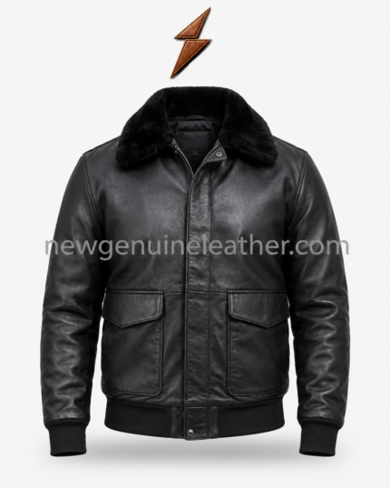 Aviator Leather Jackets: Black shearling bomber jacket specifications image showing fur collar, leather texture, zipper closure, flap pockets, ribbed cuffs, and branded details