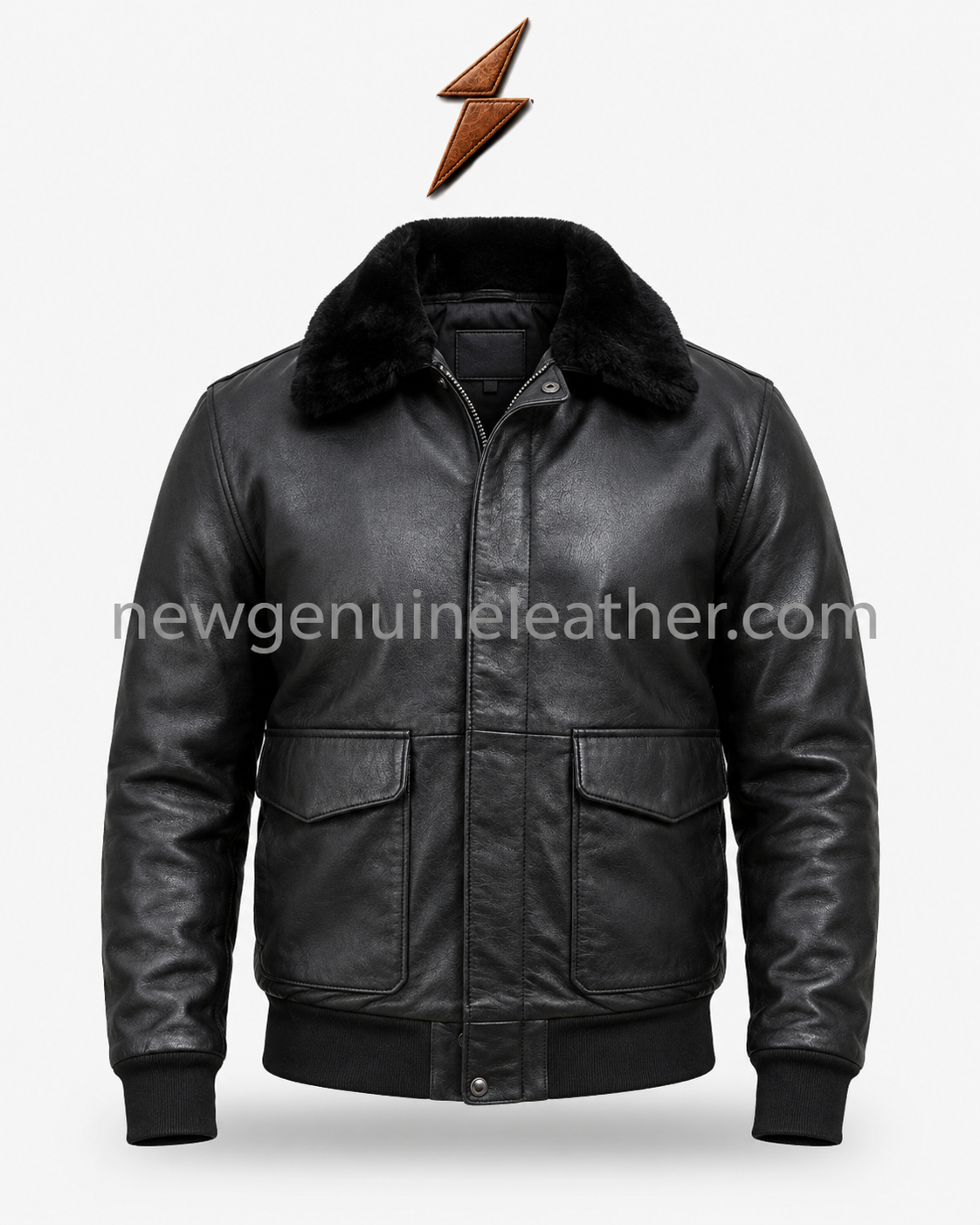 Black Shearling Bomber Jacket Front – New Genuine Leather Aviator Leather Jackets: Black shearling bomber jacket specifications image showing fur collar, leather texture, zipper closure, flap pockets, ribbed cuffs, and branded details