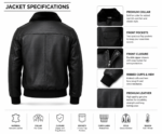 Black shearling bomber jacket with black leather body, fur collar, front flap pockets, tonal stitching, and newgenuineleather.com branding
