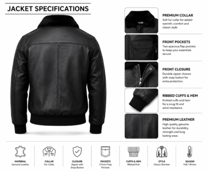 Black shearling bomber jacket with black leather body, fur collar, front flap pockets, tonal stitching, and newgenuineleather.com branding