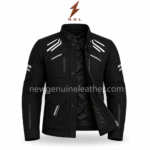 Black Touring Jacket front view with white shoulder graphics, multiple utility pockets and newgenuineleather.com