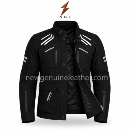 Black Touring Jacket front view with white shoulder graphics, multiple utility pockets and newgenuineleather.com