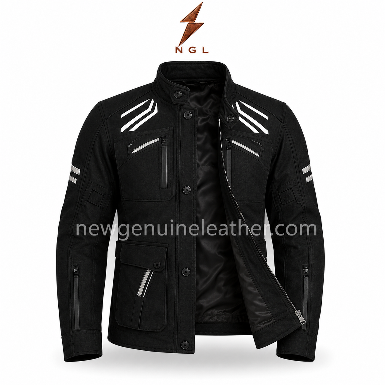 Black Touring Jacket Front View | New Genuine Leather Black Touring Jacket front view with white shoulder graphics, multiple utility pockets and newgenuineleather.com