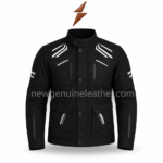 Black Touring Jacket specifications infographic with front, side, back and open views by newgenuineleather.com