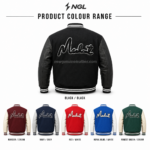 Black varsity jacket color range image with maroon navy red blue and green options