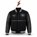 Black leather sleeve varsity jacket with white striped collar cuffs and hem