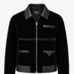 Black Velvet Jacket with leather collar, silver zipper and NGL logo by newgenuineleather.com