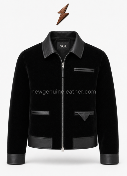 Black Velvet Jacket with leather collar, silver zipper and NGL logo by newgenuineleather.com