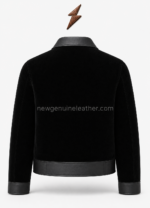 Velvet Jacket specification image showing leather collar, cuffs, zipper and welt pockets by newgenuineleather.com