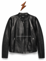 Black zip-up leather jacket with chest patch detail and secure angled pockets by newgenuineleather.com