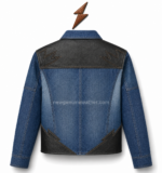 Blue denim jacket product specification with black leather corner panels
