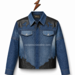 Blue denim jacket with black leather shoulder yoke and NGL collar label