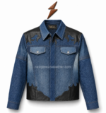 Blue denim jacket with black leather shoulder yoke and NGL collar label