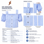 Blue Gingham Oktoberfest Blouse with off-shoulder puff sleeves, lace-trimmed button panel and NGL logo by newgenuineleather.com