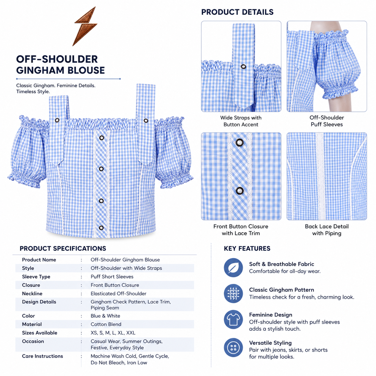 Blue Gingham Oktoberfest Blouse Front View | New Genuine Leather Blue Gingham Oktoberfest Blouse with off-shoulder puff sleeves, lace-trimmed button panel and NGL logo by newgenuineleather.com