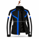 Blue Motorcycle Jacket rear view with royal-blue Y-shaped back panel, white shoulder inserts and black textile body