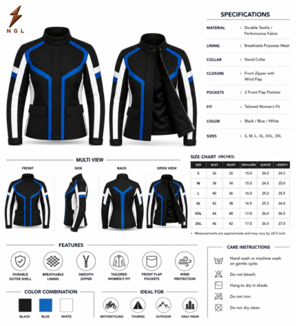Blue Motorcycle Jacket front view with black body, royal-blue chest panels, white sleeves and newgenuineleather.com