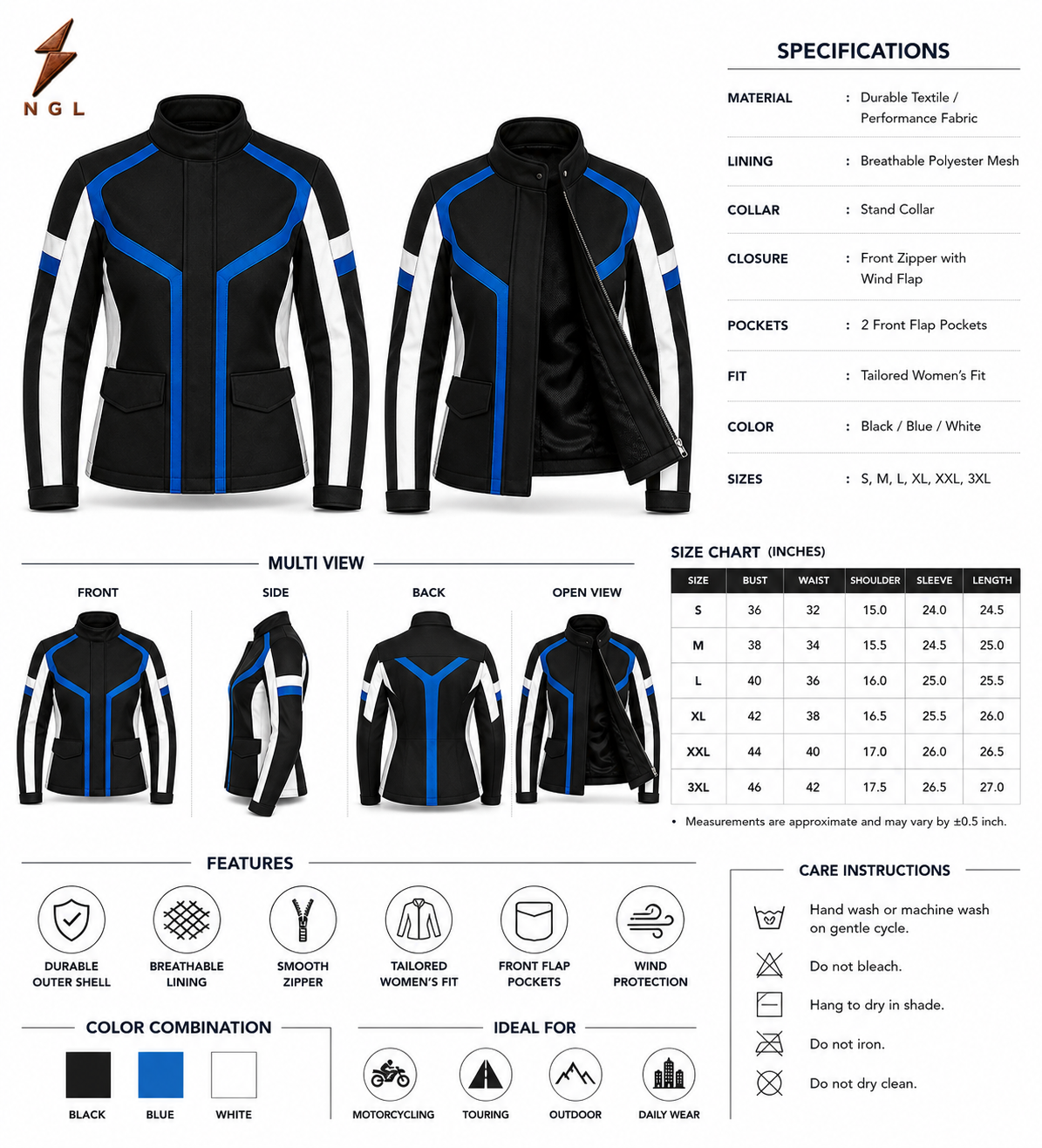 Blue Motorcycle Jacket Front View | New Genuine Leather Blue Motorcycle Jacket front view with black body, royal-blue chest panels, white sleeves and newgenuineleather.com