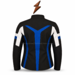 Open Blue Motorcycle Jacket showing black inner lining, blue front panels, white sleeves and NGL branding