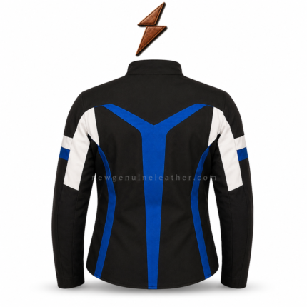 Open Blue Motorcycle Jacket showing black inner lining, blue front panels, white sleeves and NGL branding