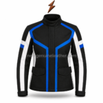 Blue Motorcycle Jacket specifications image with front, side, back and open views by newgenuineleather.com