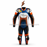 Blue Motorcycle Racing Suit specifications image with protection, stretch, material and custom branding details
