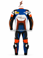 Blue Motorcycle Racing Suit rear view with white back panel, royal-blue shoulders, orange graphics and black racing sections