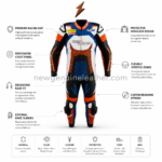 Blue Motorcycle Racing Suit front view with white chest, orange circuit graphics, black sleeves and newgenuineleather.com branding