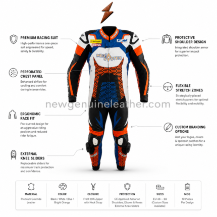 Blue Motorcycle Racing Suit front view with white chest, orange circuit graphics, black sleeves and newgenuineleather.com branding