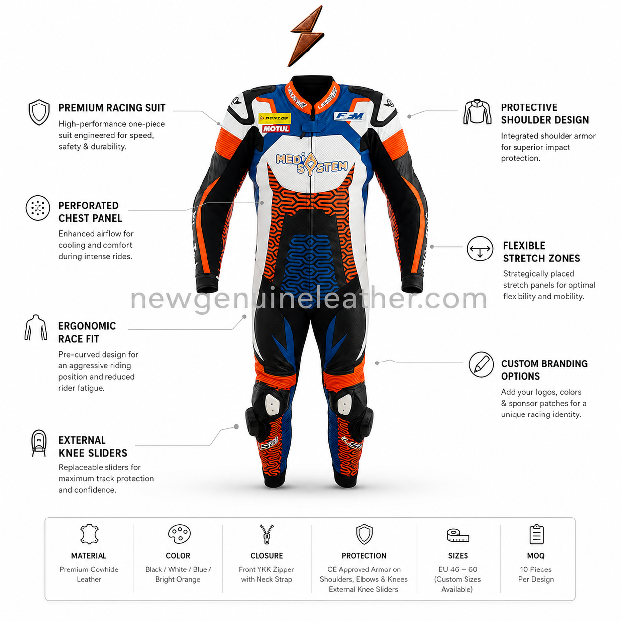 Blue Motorcycle Racing Suit Product Specifications Blue Motorcycle Racing Suit front view with white chest, orange circuit graphics, black sleeves and newgenuineleather.com branding