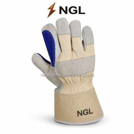 Wholesale rigger glove featuring beige canvas back, grey knuckle strap and printed NGL cuff logo