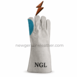 Blue palm welding gloves with split-suede panels, grey fingertips, and black NGL print