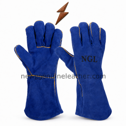 Blue welding gloves specification image showing split-leather texture, extended cuff and welted panel seams from newgenuineleather.com
