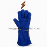 Blue welding gloves with royal-blue split leather, golden welted seams, long cuff and black NGL logo by newgenuineleather.com