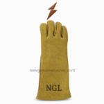 Yellow welding gloves featuring black NGL screen print on mustard suede leather
