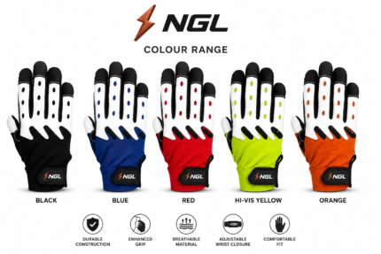 Breathable gloves with white synthetic leather fingers, black textile body and blue oval ventilation openings