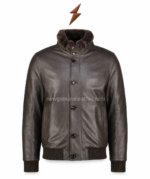 Brown leather jacket rear view with shoulder yoke, stitched sleeve panels and rib-knit waistband by newgenuineleather.com