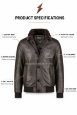 Brown leather jacket front view with fur collar, button closure and NGL logo by newgenuineleather.com