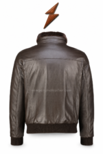 Brown leather jacket with two open buttons, satin lining and NGL collar label by newgenuineleather.com