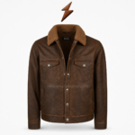 Men’s Brown Leather Jacket with two open buttons and light NGL collar label