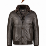 Brown leather jacket specification image highlighting fur collar, buttons, lining, pockets and knit trims