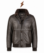 Brown leather jacket specification image highlighting fur collar, buttons, lining, pockets and knit trims